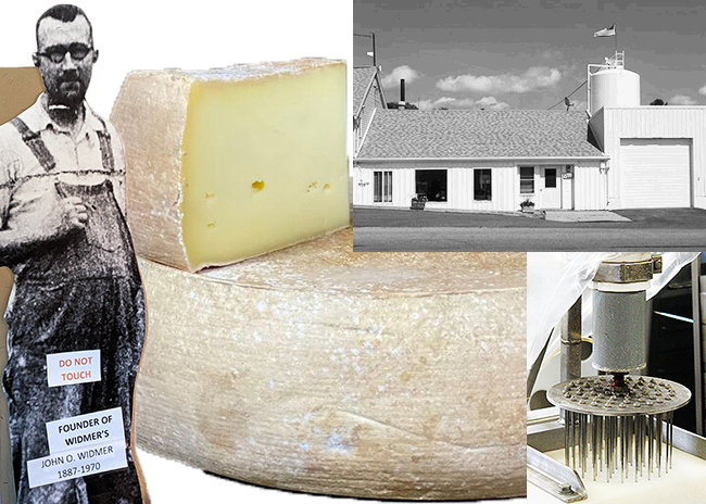 Collage of photos including a cheesemonger, a wheel of cheese, a dairy, and a machine making cheese.