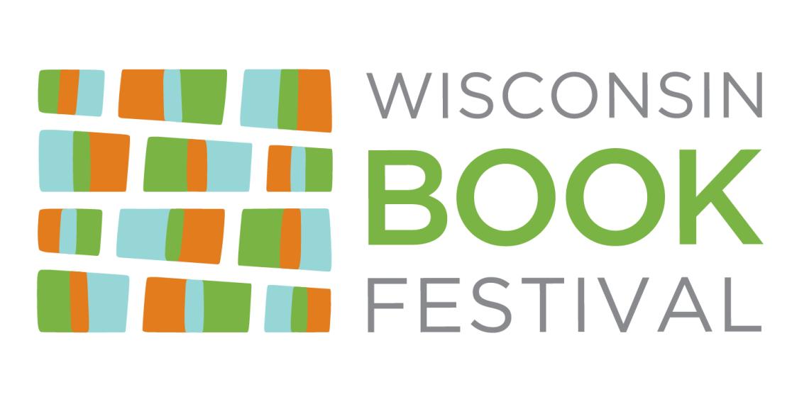 Wisconsin Book Festival logo with abstract illustration of books ask though on shelves in light blue, green and orange.